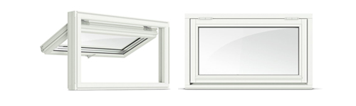 Topphengslet vindu i tre sett fra innsiden og utsiden. Enkel mekanisme.